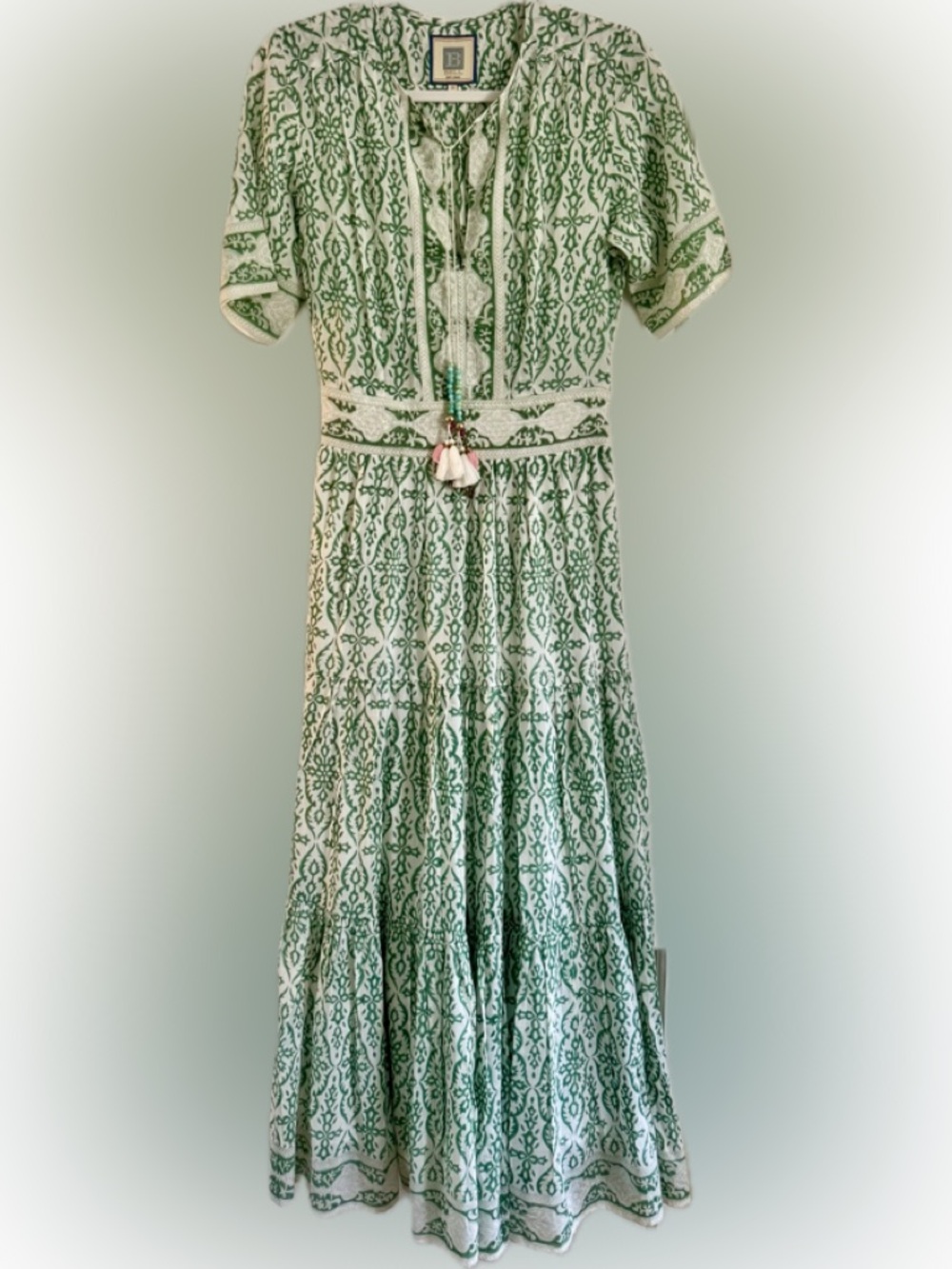 Bell Green & White Printed Maxi Dress with Tassel Tie NWOT